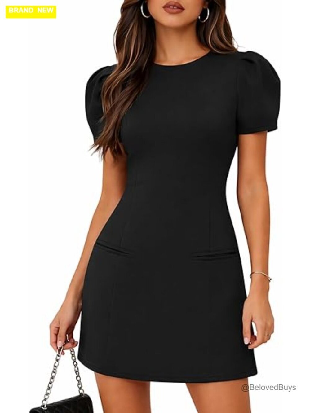 Puff Sleeve Mini Dress, Crew Neck Bodycon for Cocktail Party